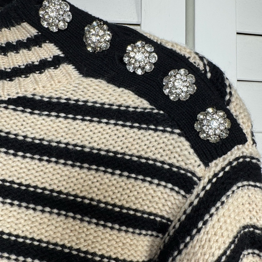 J. Crew Women’s Striped Black & Cream Mockneck Sweater Jewel Button Detail Small - Picture 4 of 13